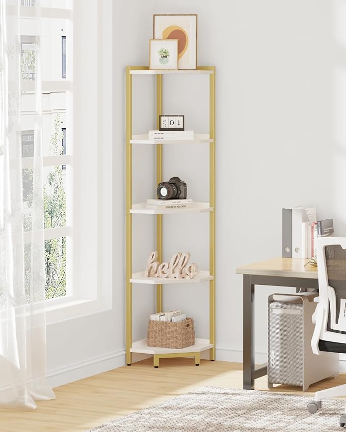 Hzuaneri Corner Shelf Stand 5-Tier Corner Bookshelf Storage Standing Shelf | Bookcase Plant Stand with Metal Frame for Living Room, Home Office, Bedroom, Black CS05903A