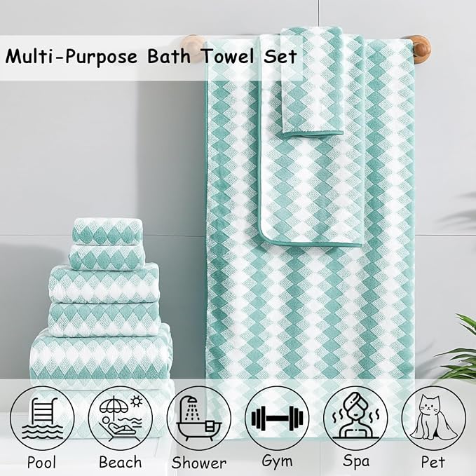 12 Pcs Turquoise Diamond Towel Set-4 Bath Towels,4 Hand Towels,4 Washcloths Soft Polyester Towels with Loop Absorbent Shower Towel Quick Dry Beach Chair Towel Family Towels for Bathroom Spa Gym Pool