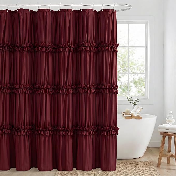 LIPA Boho Shower Curtain Rustic Ruffle Shower Curtain with Ruched & Bow Vintage Farmhouse Shower Curtains for Bathroom Bohemian Bathroom Decor(Burgundy,72x72 Inches)