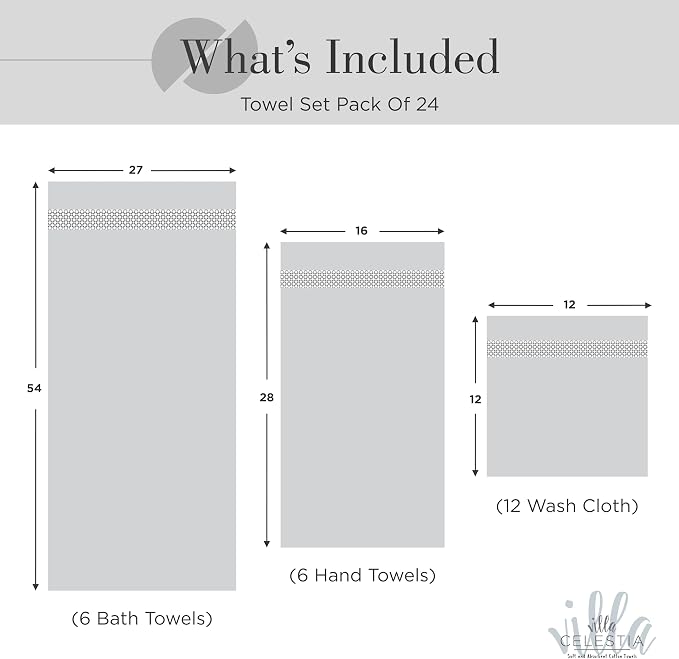 Villa Celestia 24-Piece 100% Cotton Towel Set, 6 Bath Towels, 6 Hand Towels, 12 Wash Cloth, Quick-Dry, Silver