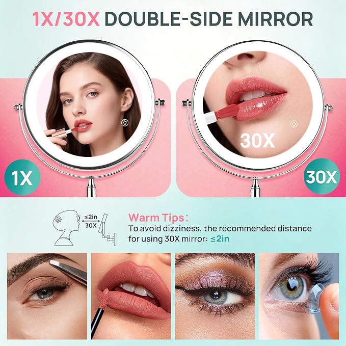 Wall Mounted Lighted Makeup Mirror: Double Sided 1X/30X Magnifying Mirror | 3000mAh Rechargeable Makeup Mirror with Light for Bathroom, 3 Color Lighting, Touch Screen Dimming, Extended Arm 360 Rotation