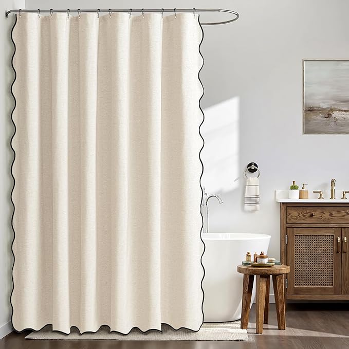 MIULEE 72"x84" Extra Long Scalloped Linen Shower Curtain Cream White | Linen Textured, Waterproof, Washable, 12 Metal Hooks, Heavy Duty Cloth, Black Border, Shower Curtain for Bathroom Bathtub