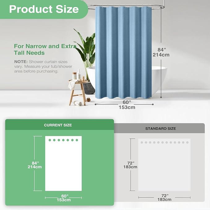 Stall Waffle Shower Curtain 256 GSM Heavy 60"x84" Moonlight Blue | 60 x 84 Inch Long, Thick Polyester Cloth, Weighted Hem, Water Repellent, Washable, Hotel Bathroom Shower Curtain Set 10 Hook