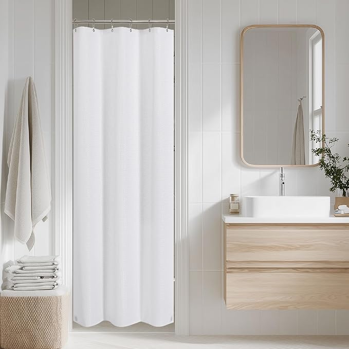 2-in-1 Waterproof Fabric Shower Curtain - No Separate Liner Needed, Hotel-Style Waffle Weave, Effortless Cleaning & Washable Bathroom Shower Curtain Set,48Wx72H,White