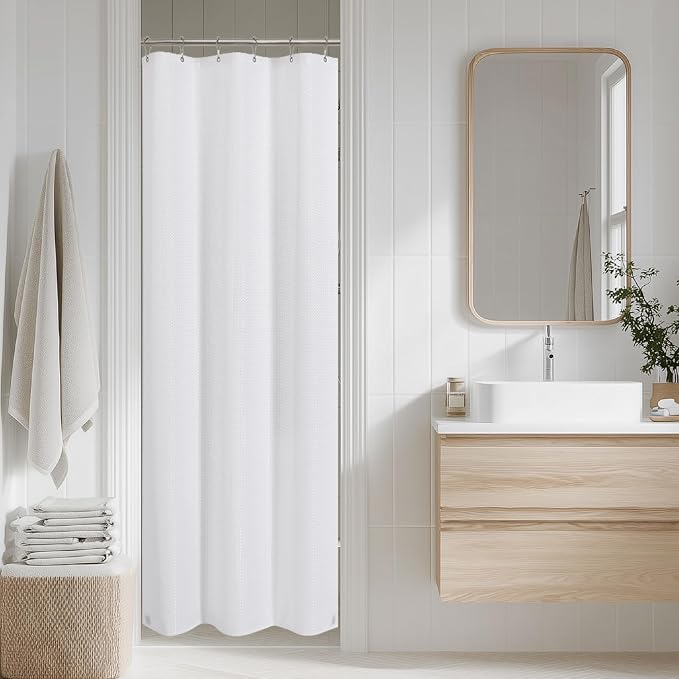 2-in-1 Waterproof Fabric Shower Curtain - No Separate Liner Needed, Hotel-Style Waffle Weave, Effortless Cleaning & Washable Bathroom Shower Curtain Set,36Wx72H,White