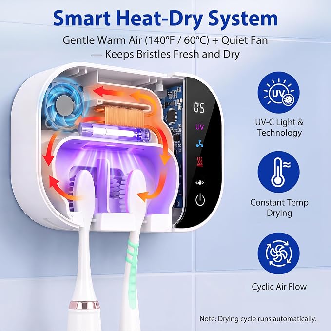 FamilyKit Toothbrush Cleaner Holder, Infrared Sensing & Drying with 2 Slots | Portable Toothbrush Covers Case, Wall Mounted Tooth Brush Holder with LED Smart Display & Hot Air Drying for Home Travel