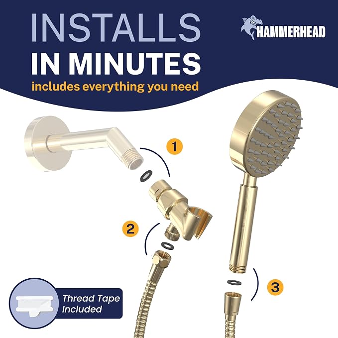 HammerHead Showers® Solid Metal Handheld Shower Head with Hose and Brass Holder - POLISHED BRASS - 2.5 GPM High Pressure Shower Heads with Adjustable Shower Wand Bracket - 6ft Flexible Extension