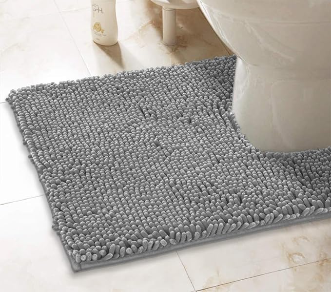 LuxUrux Light Grey Bath Mat - U-Shaped Contoured Rug for Around Toilet, Super Absorbent Shaggy Bath Rug. Easy Machine Wash & Dry (20 x 23, Light Grey)