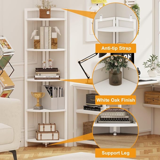 Tall Corner Shelf, 5 Tier Modern Corner Bookshelf Stand, Wood and Metal Corner Plant Bookcase for Living Room, Home Office (White Oak)