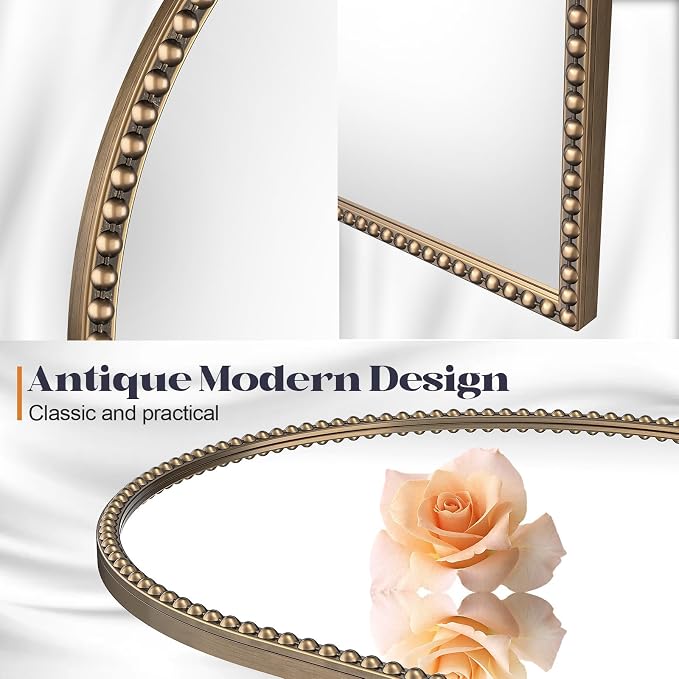 Arched Beaded Mirror, 28"x36" Champagne Bronze Mirror for Bathroom | Gold Arched Vanity Wall Mirrors with Brass Antique Metal Frame for Over Sink,Entryway,Bedroom,Living Room Fireplace Mantel