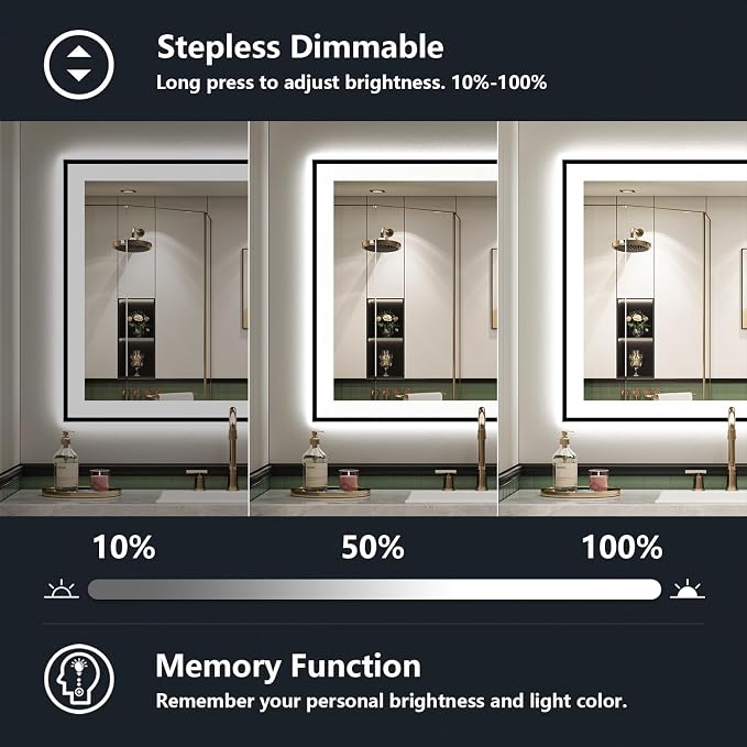40x30 Inch LED Bathroom Mirror with Lights (Front Lit and Backlit) Black Framed Lighted Vanity Mirror for Bathroom Wall Dimmable Anti-Fog Memory Tempered Glass Horizontal/Vertical