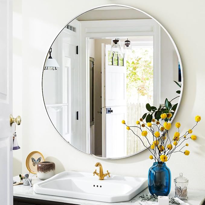 White Round Bathroom Mirror 24", Thin Metal Frame Wall Mirror | Circle Vanity Mirror for Over Sink, Hanging or Leaning Decor for Hallway, Entryway, Fireplace Mantel, Living Room