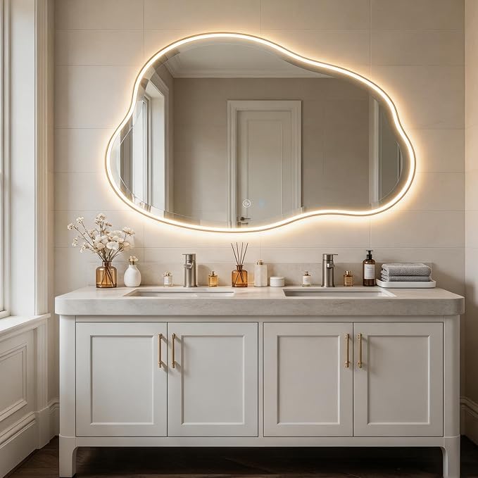 POZINO 42"x28" Irregular LED Bathroom Mirror with Lights, Gold Metal Frame | Beveled Edge, 3 Color Dimmable, Anti-Fog, Memory Function, IP65 Waterproof, Cloud Shaped Bathroom Mirror with Front Lights