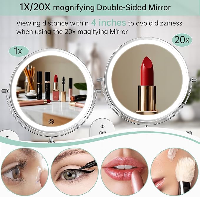 FUNTOUCH 2500mAh Rechargeable Wall Mounted Lighted Makeup Mirror 1X/20X | 8 Inch Double Sided 1X 20X Magnifying Bathroom Mirror, 3 Color Lighting, Touch Dimming, Extended Arm 360° Light up Mirror