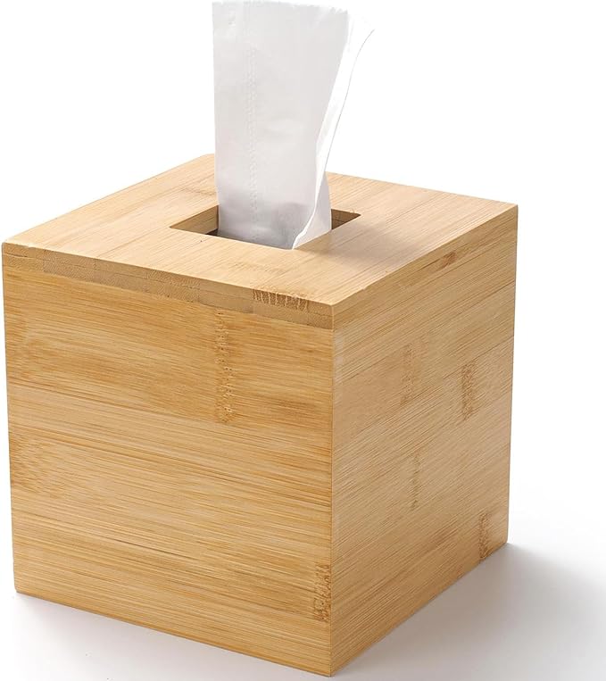 Bamboo Tissue Box Cover, Square Wood Tissue Box Holder, Wooden Facial Paper Holder for Bathroom, Bedroom, Dinner Table, Office (Square - 1 Pack)