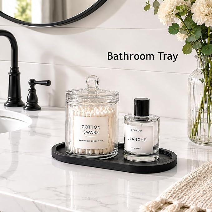 SheeChung Bathroom Counter Tray, Small Bamboo Vanity Tray - 6.9" x 3.5" | 2 PCS Black, Decorative Countertop Organizer for Soap Dispenser, Perfume, Jewelry, Catchall, Makeup, Candle, Coffee Table