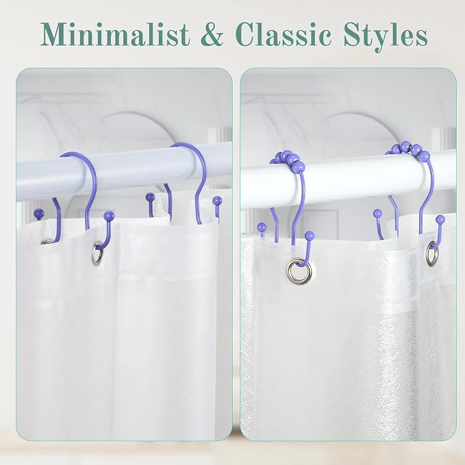 Shower Curtain Hooks, 12 Pcs Shower Curtain Rings, Stainless Steel Shower Curtain Hangers, Metal Shower Curtain Hooks Rings Rust Proof, Minimalist Shower Hooks for Shower Curtain, Purple
