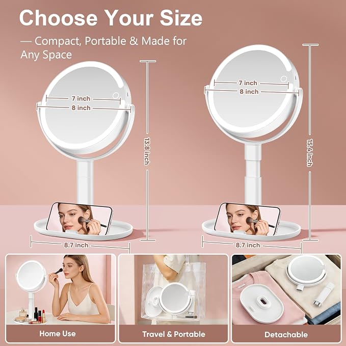 Rechargeable Lighted Makeup Mirror, 10X Magnification, 7 Inch | 3 Adjustable Light Colors, Rechargeable Cordless Design, Adjustable Height, Storage Base with Phone Holder,Touch Control