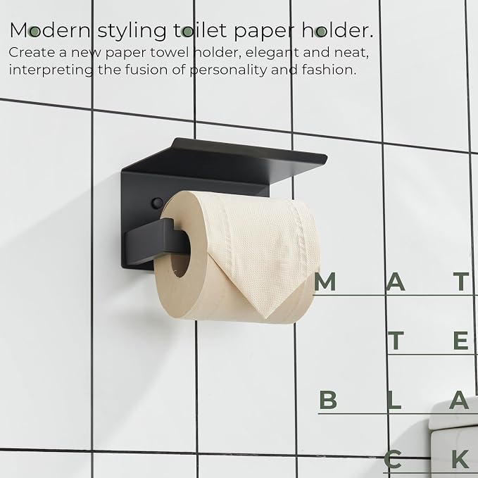 KOKOSIRI Black Toilet Paper Holders with Shelf Bathroom Toilet Paper Roll Holder SUS304 Stainless Steel Wall Mounted, Matte Black, B2010BK