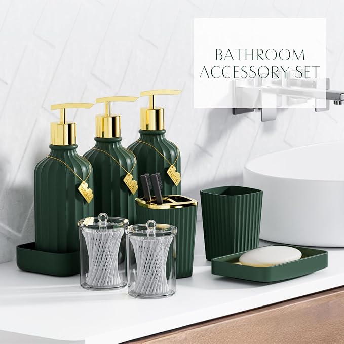 32PCS Bathroom Accessory Set Green Bathroom Accessories Bathroom Set, Shower Curtain Set, 2 Piece Bath Towel Set, 3PC Soap Dispenser, Toilet Brush & Trash Can