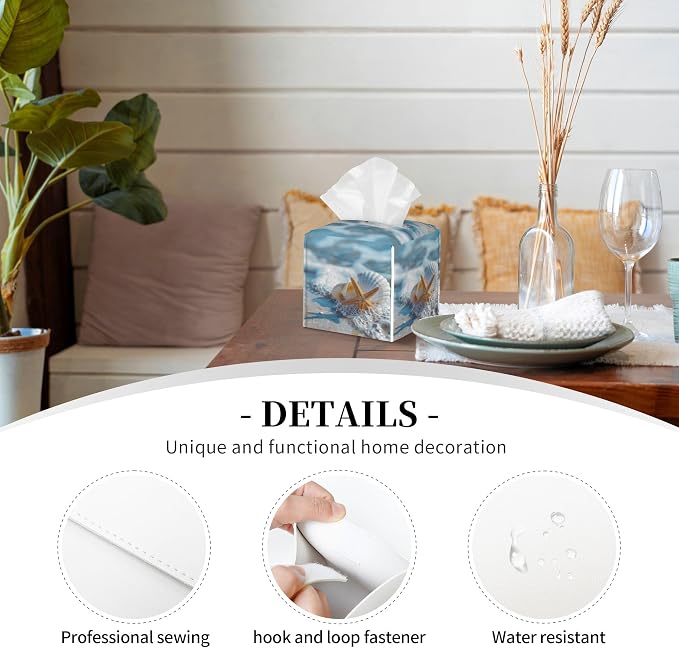 Shells Starfish on Beach Tissue Box Cover Square,Summer Ocean Shells Starfish Tissue Box Holder Waterproof Leather Facial Paper Organizer Dispenser for Bathroom Home Car Nightstand Vanity Desk