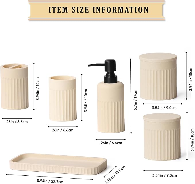 INIUNIK Bathroom Accessory Set, 6 Piece, Resin | Bathroom Accessories Set, Includes Soap Dispenser Set, Toothbrush Holders, Tumbler, Vanity Tray & 2 Qtip Holder