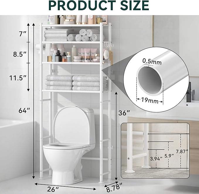 GloTika 4-Tier Over The Toilet Storage Shelves, White | 200lb Total Capacity, Metal Bathroom Organizer with 36" Clearance, Includes Paper Holder & 4 Hooks, Suit for Small Space