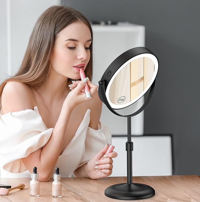 Gospire 7" Lighted Makeup Mirror, 1X/10X Magnification, Height Adjustable | 3 Color Dimmable Lights, 360° Swivel, Double Sided, Rechargeable LED Cosmetic Vanity Mirror, Cordless Standing Mirrors