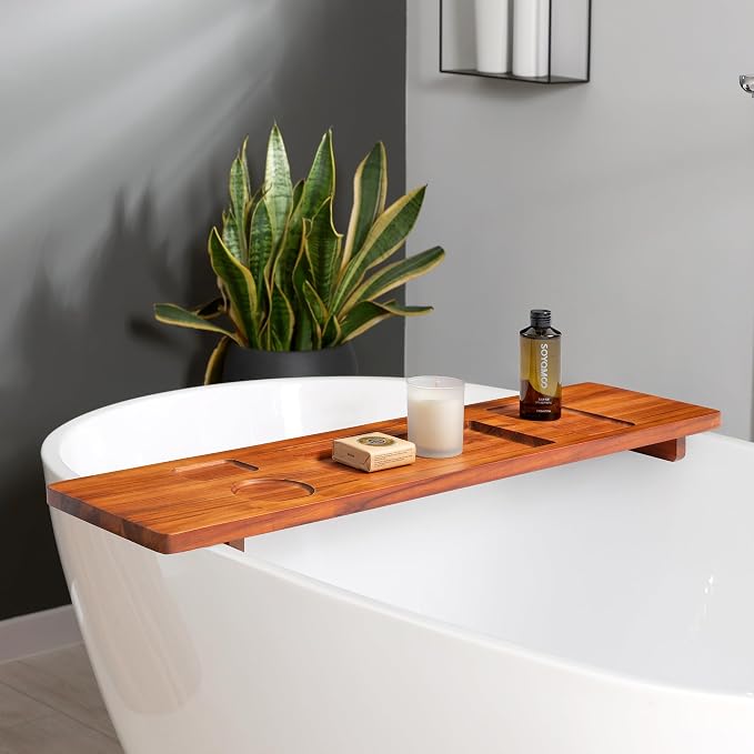 35 Inch Teak Bathtub Tray for Freestanding Tubs, Luxury Bath Caddy | Heavy-Duty Non-Slip Zero-Wobble Design, Water-Resistant Spa Organizer with Wine Glass & Phone Holder