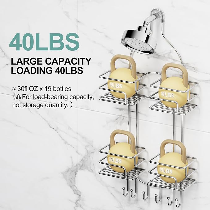 SRIWATANA Shower Caddy Hanging, Shower Organizer with Razor Hooks, Chrome | Rustproof Shower Rack, No Drilling Shelves Over Shower Head, Anti-Swing Scution Install, Bathroom Holder for Sponge Loofah