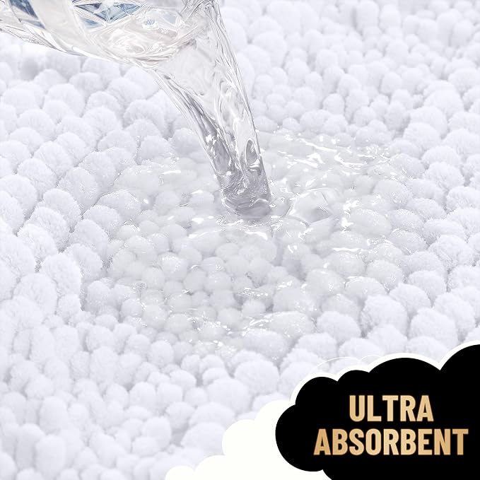OLANLY Thick Small Bathroom Rugs 24x16, Soft Chenille Bath Rugs, White | Rubber Backing, Machine Wash, Extra Absorbent Striped Bath Mats for Bathroom Floor, Tub and Shower, Home Decor Accessories