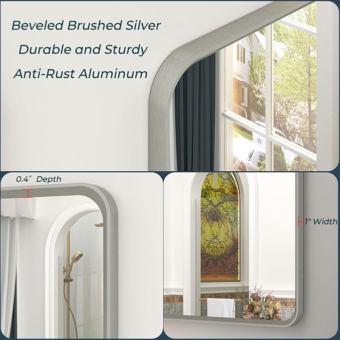 OKPAL Brushed Nickel Mirror 40 x 30 Inch Large Silver Bathroom Mirror for Over Sink, Rounded Rectangle Farmhouse Vanity Mirror with Metal Frame, HD Tempered Glass Wall Mirror(Horizontal/Vertical)