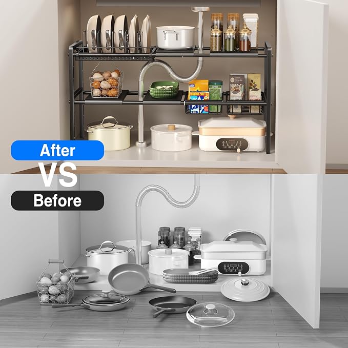 Mustorn Pots and Pans Organizer Under Cabinet, Expandable 2 Tier Under Sink Organizers Storage Adjustable Height Kitchen Pot and Pan Lid Holder Rack with 6 Dividers(4panels,2baskets,1 Pot rack,Black)