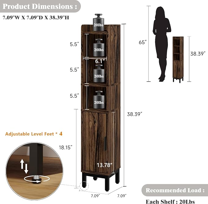 Slim Bathroom Storage Cabinet Narrow Corner Cabinet for Toilet Paper | FerniTry Small Freestanding Cabinet Bathroom Organizer with Adjustable Shelf for Small Spaces Walnut 5 Tiers