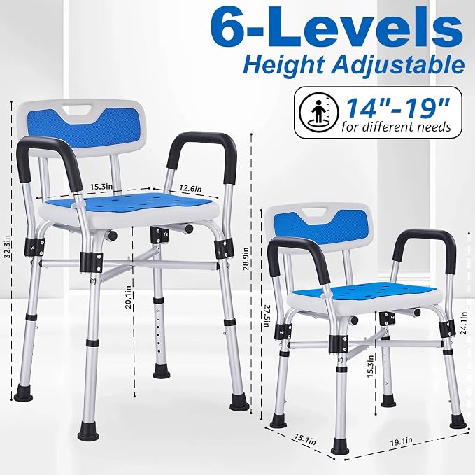 Shower Chair for Elderly and Disabled Inside Shower,Blue | 6-Height Adjustable Shower Seat for Inside Tub,Shower Chair with Arms and Back 400 LB Heavy Duty