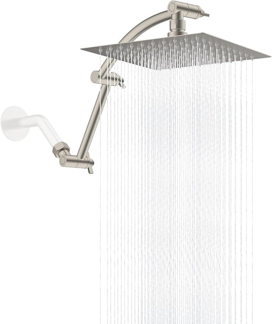 Hibbent All Metal 8'' Rain Shower Head, 16'' Extension Arm, Brushed Nickel | cUPC Certified High Pressure Rainfall Showerhead with Solid Brass Adjustable Shower Head Extension Arm, Fixed Showerheads