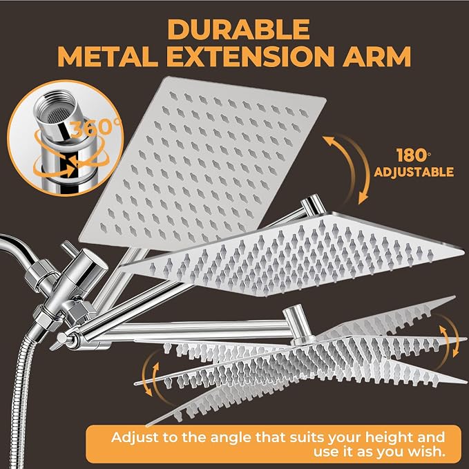 Shower Head,10”Rain Shower Head with Handheld Spray Combo with 11'' Angle Adjustable Extension Arm/Flow Regulator/Shower System,High Pressure Rainfall Shower Head Clean Bathroom,Matt Black
