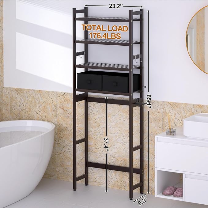 Cozivolife Over The Toilet Bamboo Storage Rack: 4-Tier & 2 Baskets (Brown) | Organizer with Paper Holder & 4 Hooks & Waterproof Feet Pad - Adjustable Freestanding Shelf for Bathroom