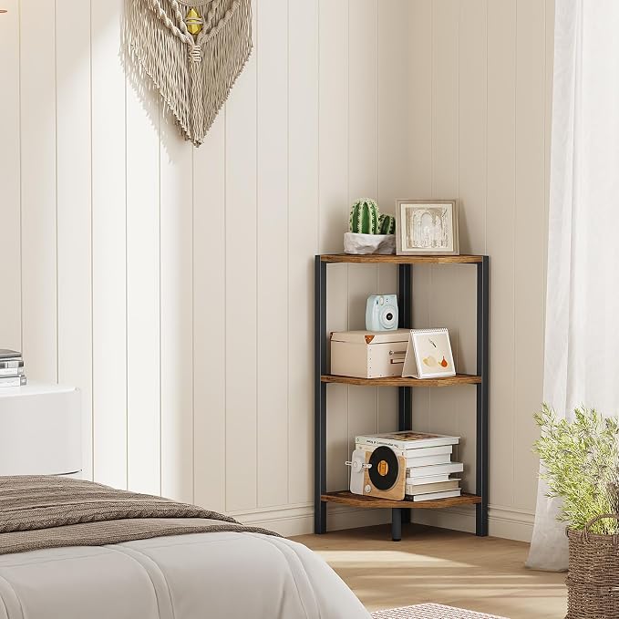 Creso hom Corner Shelf, 3-Tier Industrial Corner Bookshelf with Metal Frame | Multipurpose Corner Display Rack for Living Room Kitchen Bedroom Office Organization and Storage, Rustic Brown