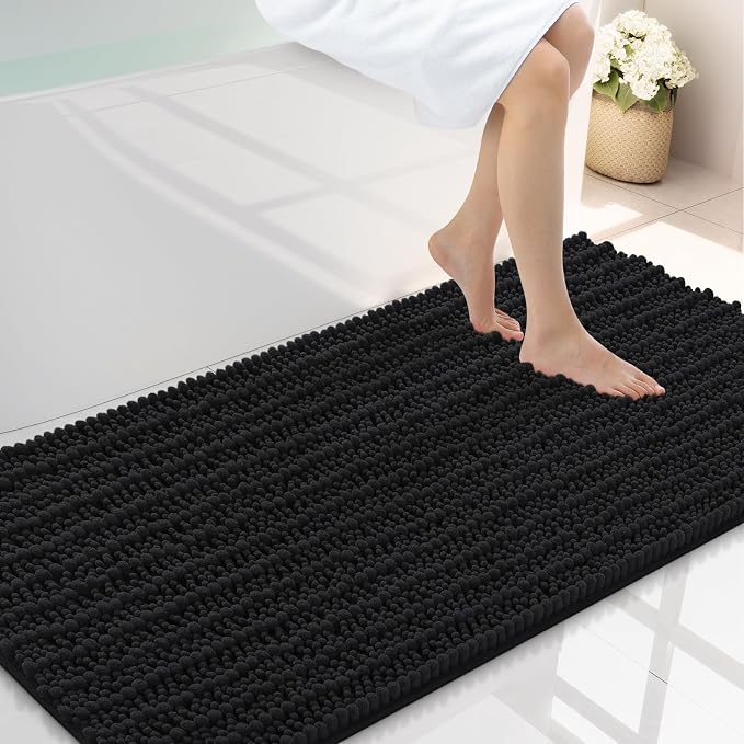 Smiry Bathroom Rugs 45X27, Extra Soft Rubber Backing Chenille Bath Mats | Black Machine Washable Non Slip Quick Dry Bath Mats for Bathroom Floor, Tub, Shower, Home Decor Accessories