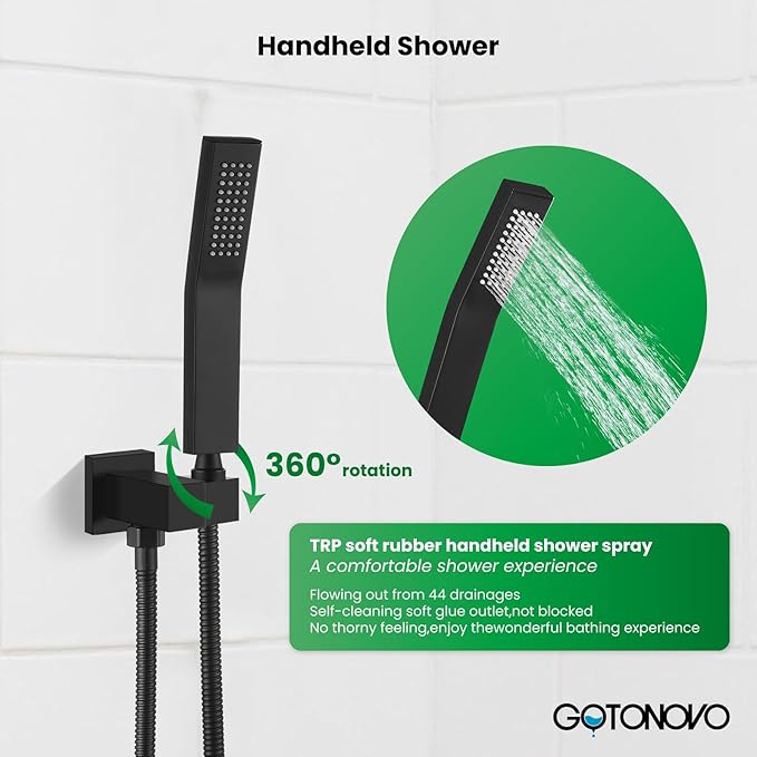 gotonovo Shower Faucet Set with Handheld Spray Matte Black,12'' Head | SUS304 Rainfall Shower Head and Handle Set System Fixture,Pressure Balance Valve Trim Kit,Single Handle,Wall Mount,All Metal