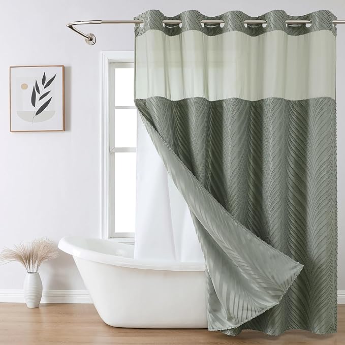 eachope no Hook Shower Curtain and Liner Set，Boho Style with See Through Top Window, SageGreen Fabric Tufted Striped Textured Outer Curtain & Waterproof Inner Liner, SageGreen, 71Wx86H