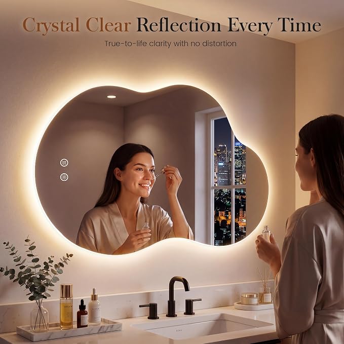 48''x26'' Lighted Mirrors for Bathroom Wall Backlit, Cloud LED Bathroom Mirror Frameless with Lights Anti Fog, Dimmable, 3 Colors,Tempered Glass, Shatter-Proof
