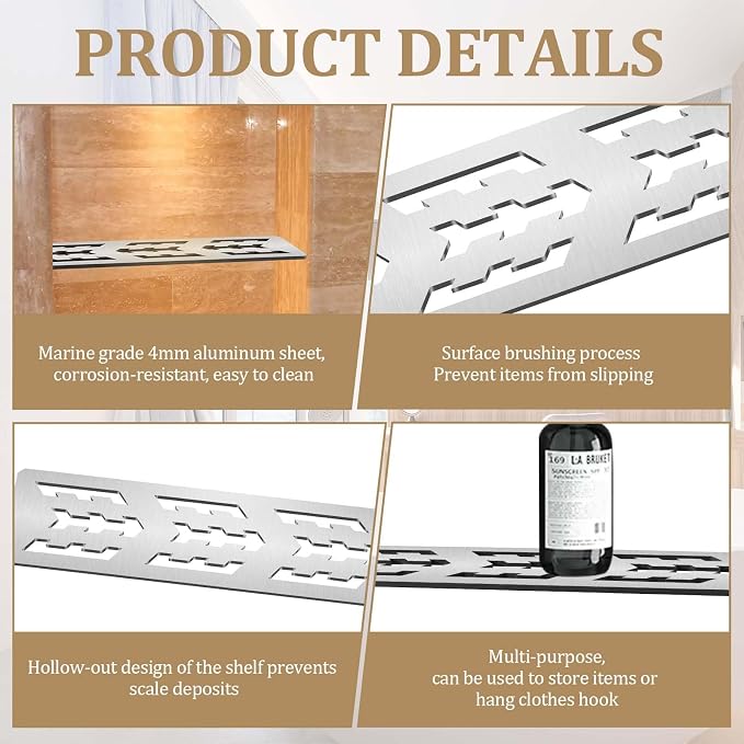 12 Inch Shower Niche Shelf Brushed Anodized Aluminum Finish Tile Insert | Rectangular Shelf For 12 Inch Tile Prefabricated Niches, Fits 1/8 Inch Grout Lines, Shower Niche Insert Brushed Anodized
