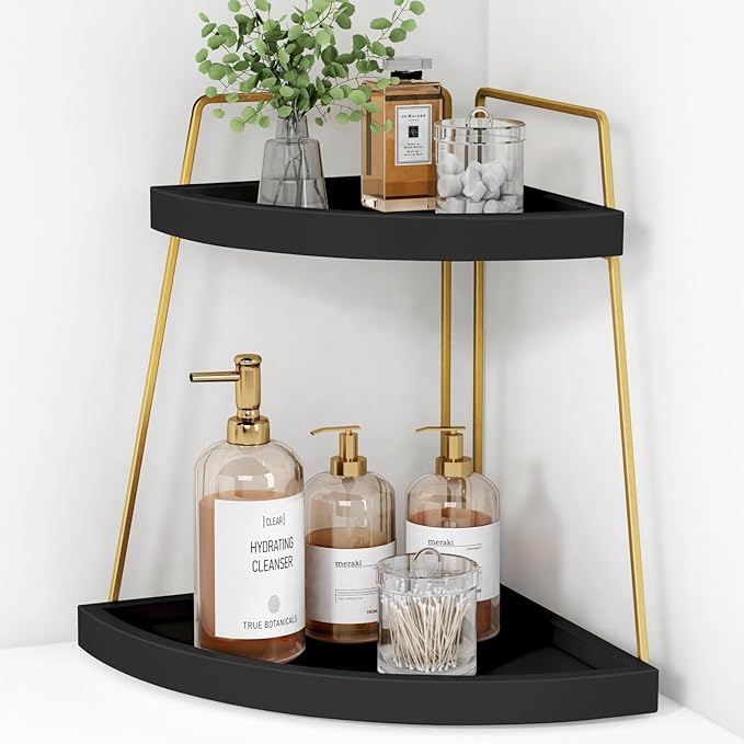 Forbena Black and Gold Corner Bathroom Counter Organizer, Modern Kitchen Countertop Shelf Organizer for Sink, Two Tier Makeup Vanity Storage Holder Tray for Table Top Skincare Perfume Decor