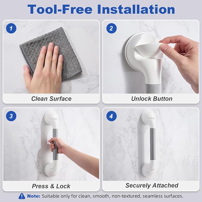 Suction Grab Bar 2 Pack, 16.9 Inch Shower Grab Bars for Seniors, No Drill Removable Bathroom Safety Handles for Bathtubs and Showers, Grey White