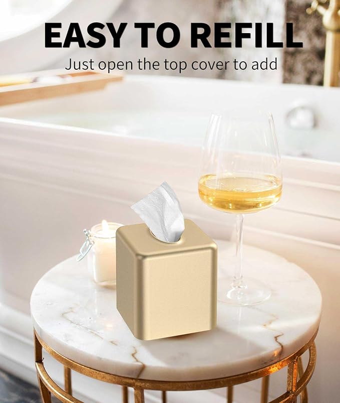 Livelab Tissue Box Cover, Square Metal Tissue Box Holder Modern Decor Facial Napkin Holder Tissue Box Dispenser for Bathroom Vanity Countertop, Living Room, Bedroom, Office - Gold