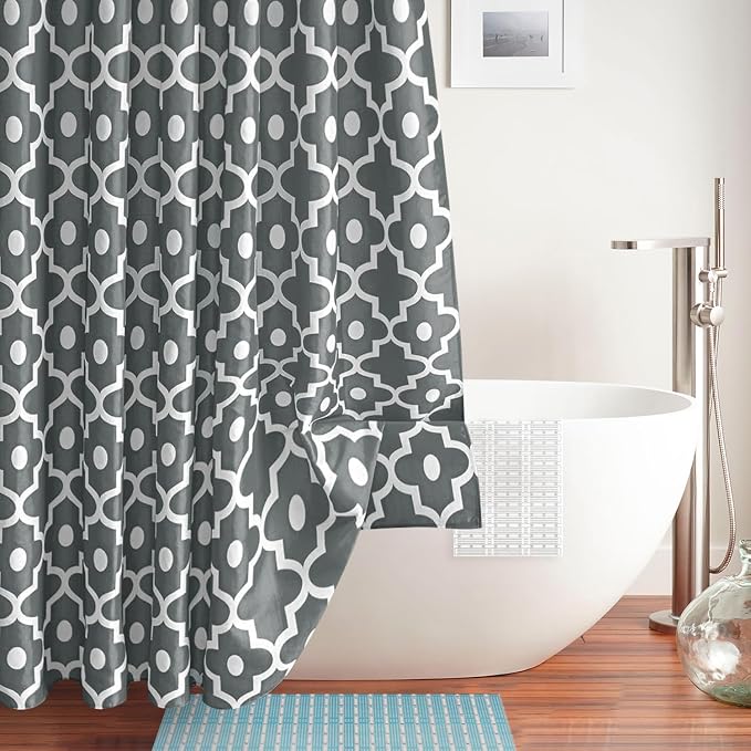 Biscaynebay Extra Long Textured Fabric Shower Curtain 72" W x 84" L, Dark Grey Morocco Pearl Printed Hotel Spa Luxury Decorative Bathroom Curtain Machine Washable