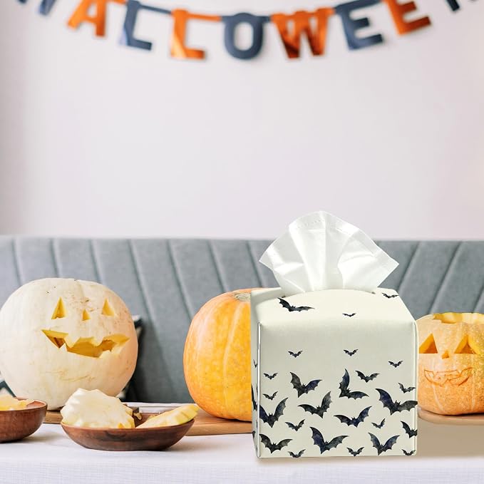 Halloween Bat Tissue Box Cover Square, Halloween Desk Decor Cube Tissue Box Holder, Autumn Tabletop Decor Leather Facial Paper Organizer Dispenser for Bathroom Home Night Stand Living Room/35