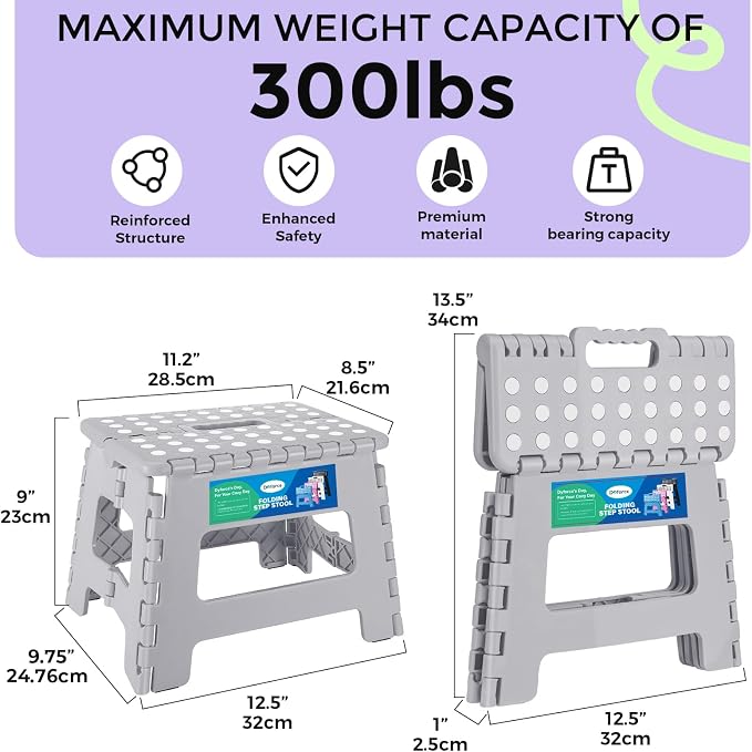 Dyforce Kids Step Stool 9 Inch, 300lbs Folding Step Stool for Toddler | Step stool Grey,Anti-slip Heavy Duty with Handle, Lightweight Foldable Foot Stool for Bathroom Kitchen Bedroom Outdoor
